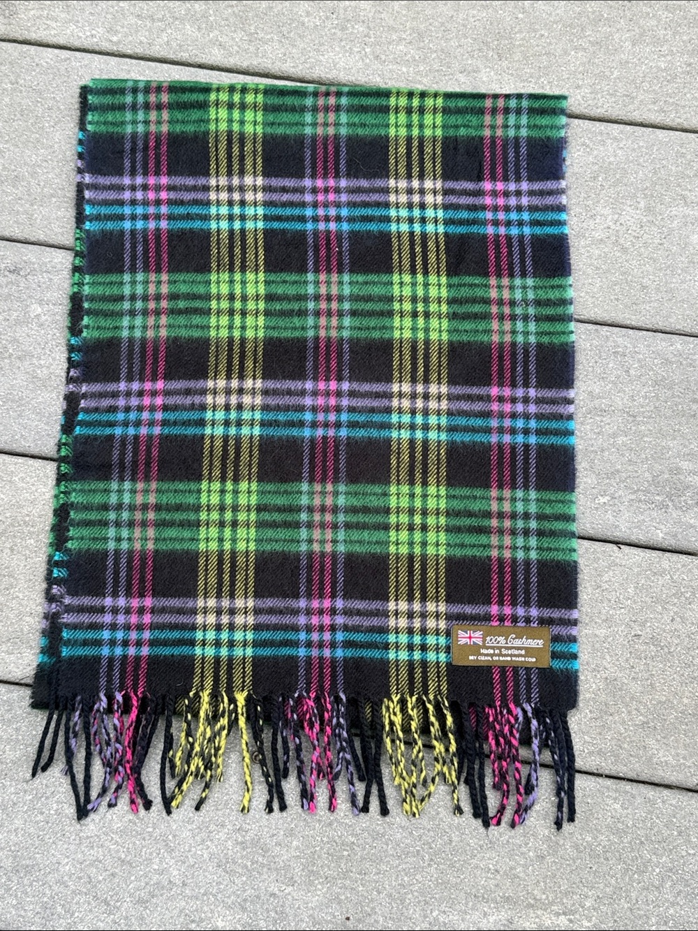 Vintage 100% Cashmere tartan Plaid Fringe Scarf made in Scotland